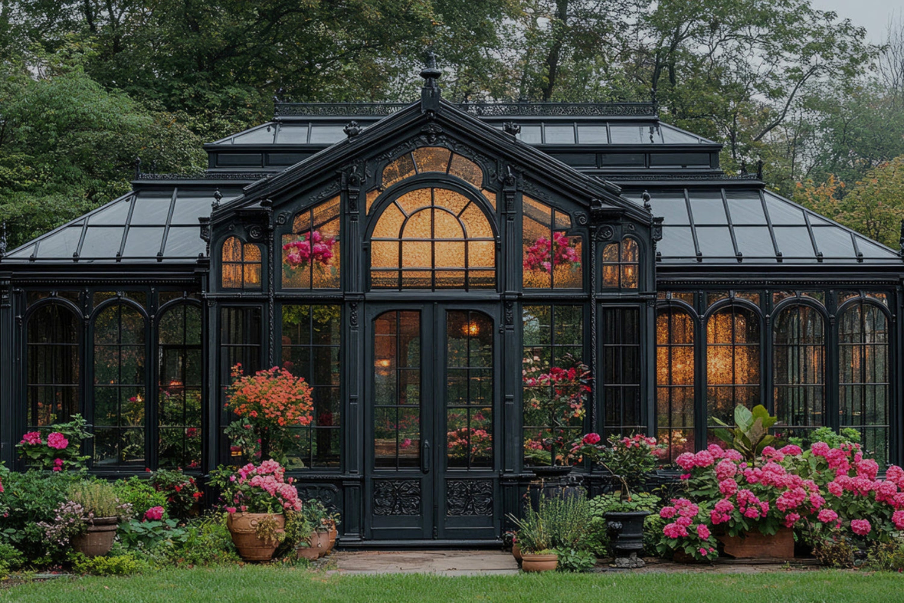 Large black glasshouse with floral decorations in a garden setting