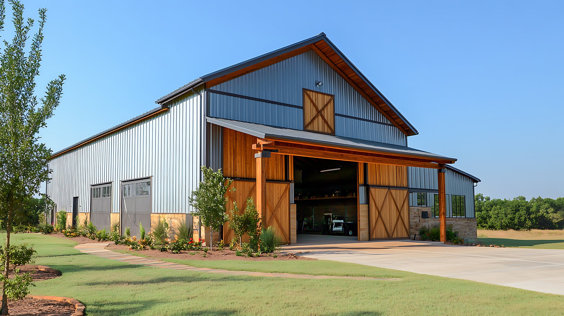 Modern Barn Structures with Integrated Wood Detailing